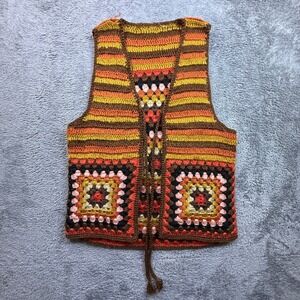 Helen Harper Crochet Vest Womens L Brown Orange Vintage Granny Square Striped